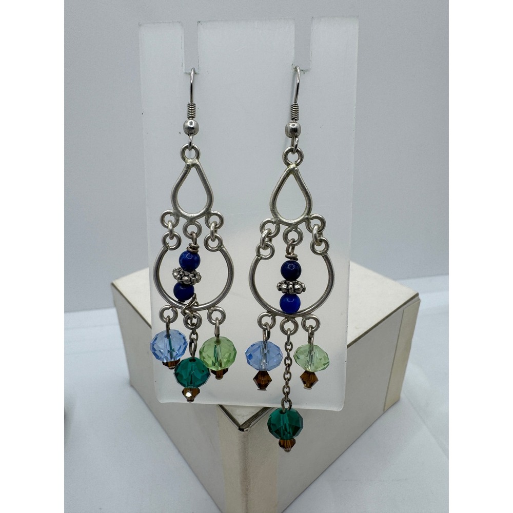 Silver Tone Blue Green Beaded Chandelier Dangle Earrings Boho Mismatched Drop